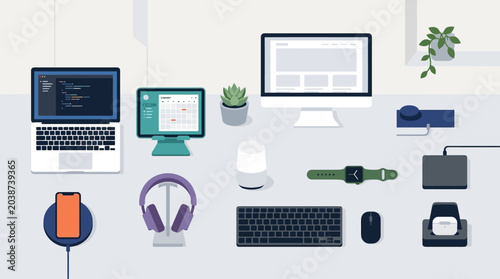Electronics and gadgets on desk.