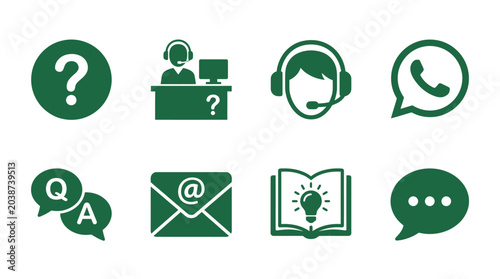 Collection of customer support icons illustrating various communication methods and assistance