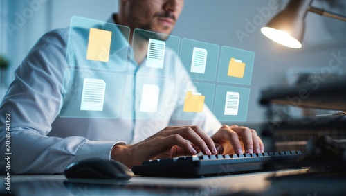 Data export and privacy request concept showing document files and folders being downloaded from an account system, representing personal data access, archive creation, and secure management.