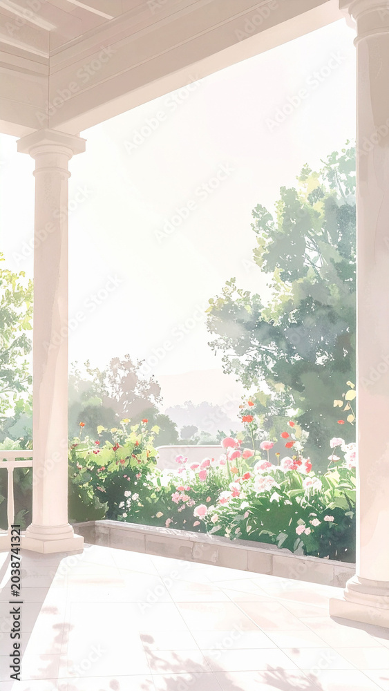 Fototapeta premium テラスから望む花咲く庭園の風景 柔らかな陽光が差し込む癒しの空間 文字入れのためのコピースペースがあるナチュラルな背景素材 春や初夏の爽やかな雰囲気を感じさせる明るいガーデンイラスト 広告やバナー広告およびSNS投稿に活用できるおしゃれな空間デザイン素材