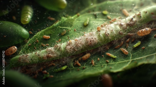 Highly magnified view reveals a fuzzy larva crawling across a damp green leaf surrounded by smaller insect forms