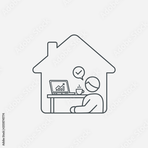 Working from home concept illustration of person and laptop inside house