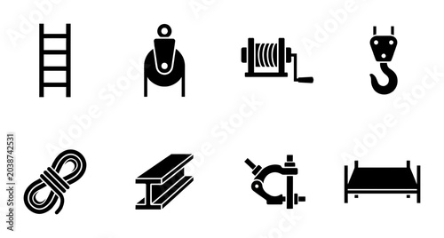 Konstfotografi Industrial Equipment Icons: Ladder, Pulley, Winch, Hook, Rope, Beam, Clamp, Bed