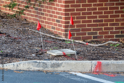 Foto Red flags and spray paint mark underground utilities for construction or excavation, signaling buried services near a brick wall, curb, and asphalt road