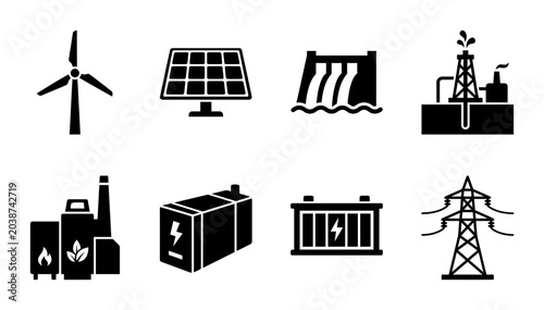 Schilderij op canvas Renewable Energy Icons Set: Solar, Wind, Hydro, Battery Storage, Power Grid, Fos