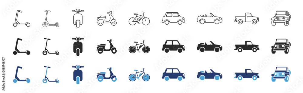 Naklejka premium Transport vehicle icon set with scooters bicycles cars pickup trucks and editable stroke styles