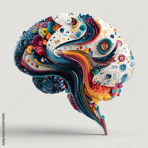 A vibrant and artistic representation of a human brain filled with colors and patterns symbolizing creativity.