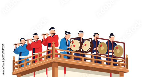 Japanese Festival Musicians Playing Traditional Instruments on Stage.