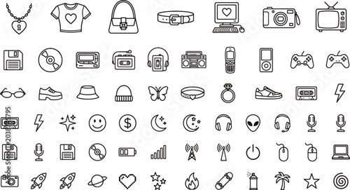 Foto Y2K aesthetic aesthetic line icon set featuring retro tech fashion lifestyle ele