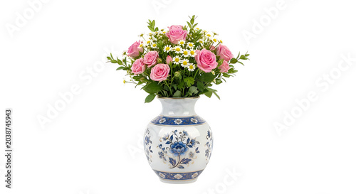Pink roses in a decorative white vase