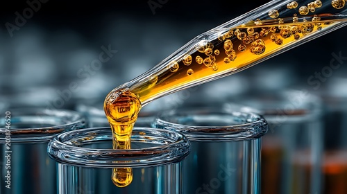 Yellow chemical droplet from precision pipette in scientific laboratory pictures