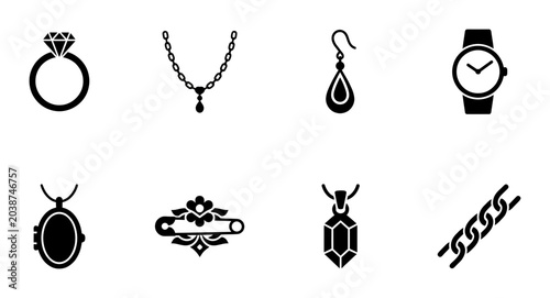 Foto Jewelry Icons Set: Diamond Ring, Necklace, Earring, Watch, Locket, Brooch, Penda