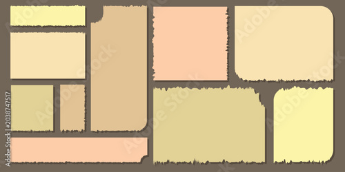 A set of torn pieces of paper with jagged edges on a dark background. Fragments of vintage paper scraps. Vector.