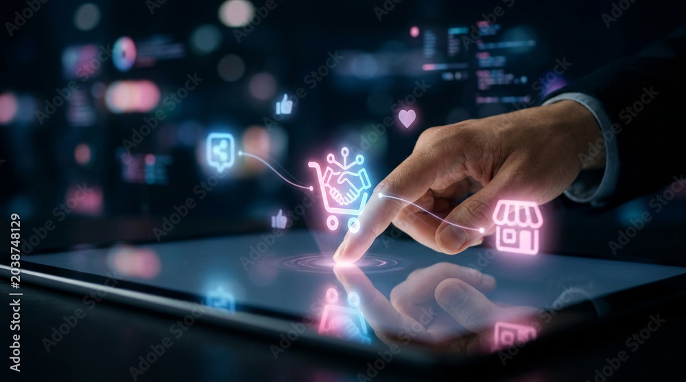 Fototapeta premium Digital commerce and online shopping experience, hand interacting with touchscreen displaying e-commerce icons, symbolizing virtual marketplace and customer engagement
