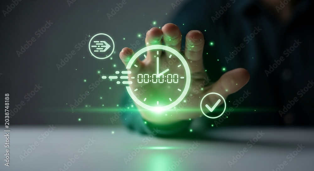 Fototapeta premium Abstract glowing green digital clock and icons symbolizing time management and productivity, signifying efficiency and punctuality