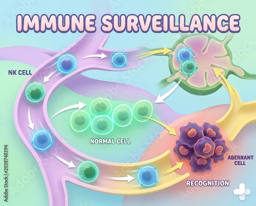 Immune surveillance process NK cells detecting and eliminating aberrant cells for health