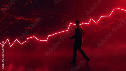 Businessman walking past glowing red financial market crash graph in dark digital motion background for economic crisis video footage