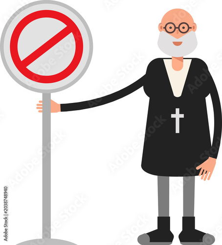 Fotografi Old Priest Character and Prohibition Signage