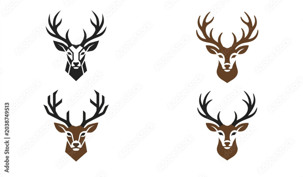 Obraz premium Minimal deer head logo set with modern geometric antler designs for luxury branding vector