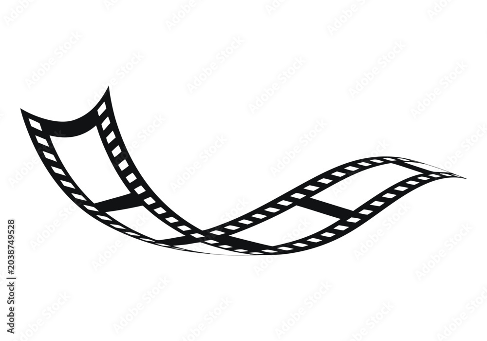 Fototapeta premium Black wavy film strip silhouette vector illustration. Curved cinema reel band with perforated frame design. Retro movie filmstrip graphic for media and entertainment layout.