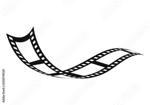 Black wavy film strip silhouette vector illustration. Curved cinema reel band with perforated frame design. Retro movie filmstrip graphic for media and entertainment layout.