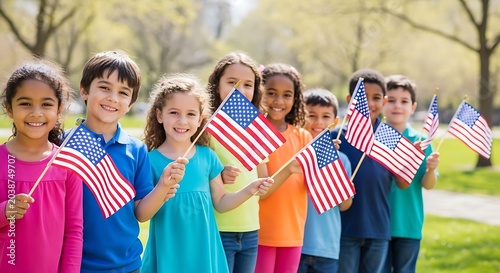 Happy children, kids holding American flags, patriotic youth, flag waving kids, outdoor celebration