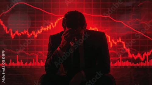 Stressed businessman silhouette facing financial market crash with red downward trend charts in this cinematic motion background video clip