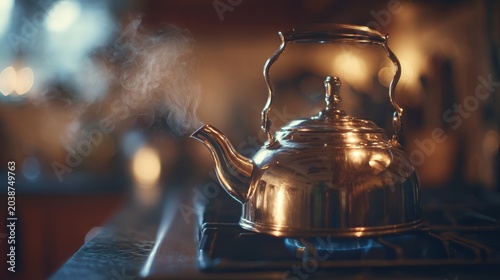 Steam rising from a kettle on a stove in a sunlit home kitchen