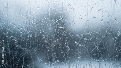 Frosted Glass Window with Water Droplets and Ice Cracks on Surface