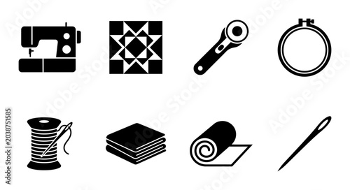 Bild auf Leinwand Sewing Machine, Quilt Block, Rotary Cutter, Hoop Icons: Crafting & Sewing Vector