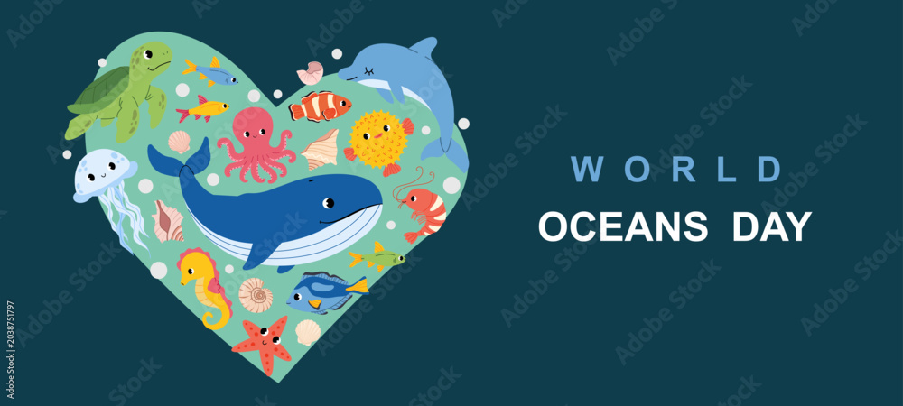 Naklejka premium World oceans day banner with cute sea animals. Whale, octopus, turtle, jellyfish, crab, seastar and shrimp. Perfect for eco themes posters and summer design. Flat vector illustration.