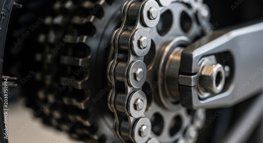 Fototapeta premium Close-up of a Motorcycle Drive Chain and Sprocket System.