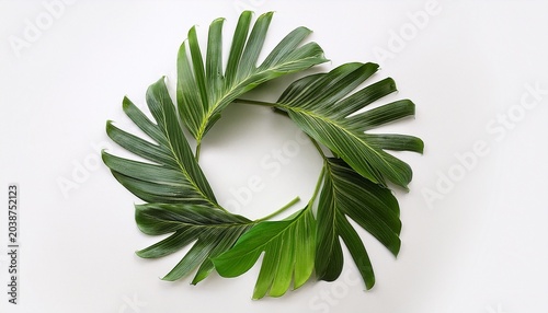 Tropical Leaves Arranged In A Circle On A White Background Viewed From Above