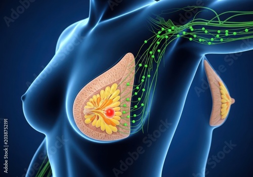 Anatomy of a woman's breast with a tumor