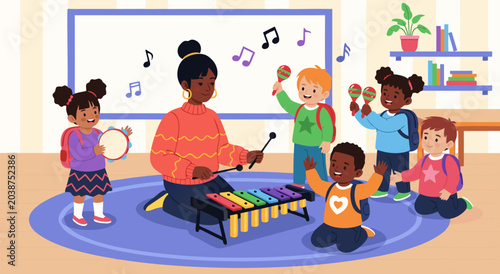 childrens music class vector illustration with teacher and kids playing instruments