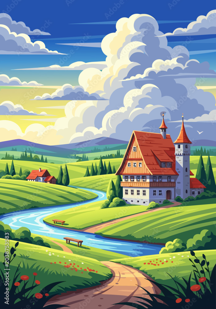 Naklejka premium Vector illustration of a serene countryside landscape with rolling green hills, a winding river, and a charming village with a red-roofed house under a bright, cloudy sky