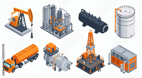Isometric vector illustration set of oil and gas industry equipment. Detailed assets depicting petroleum production, energy infrastructure, and extraction elements