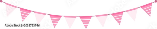 Photos Multiple pink striped triangular party flags for festive decoration, suitable for celebratory events and party setups, adding a fun touch