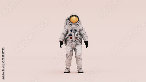 Standing Astronaut White Spacesuit Helmet Golden Visor Clean Background Minimalist Studio Lighting Isolated Figure Sci Fi Futuristic 3d illustration