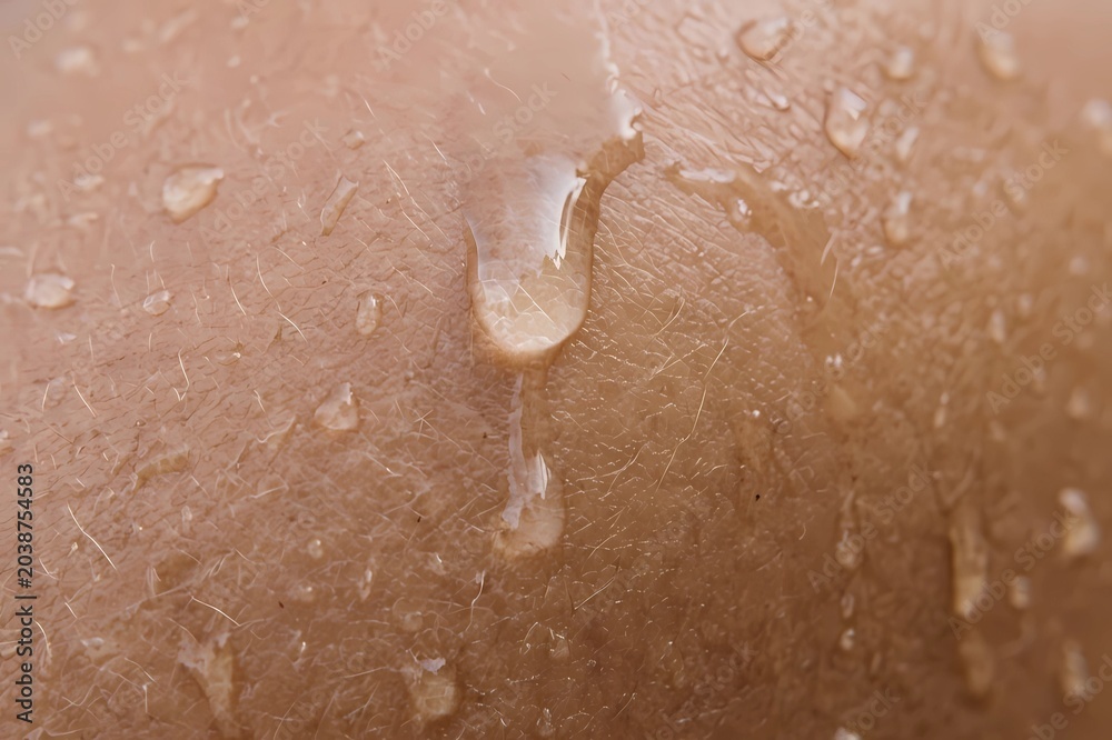 Fototapeta premium Scientific macro photography of water droplet surface tension on human skin texture