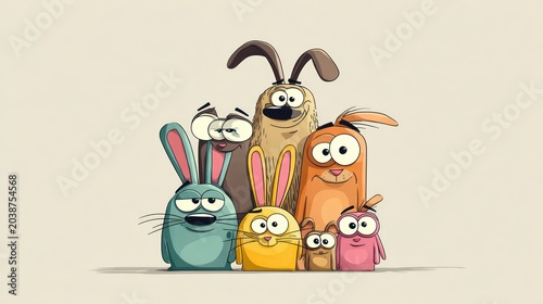 Group of diverse cartoon animals stand together with expressive faces