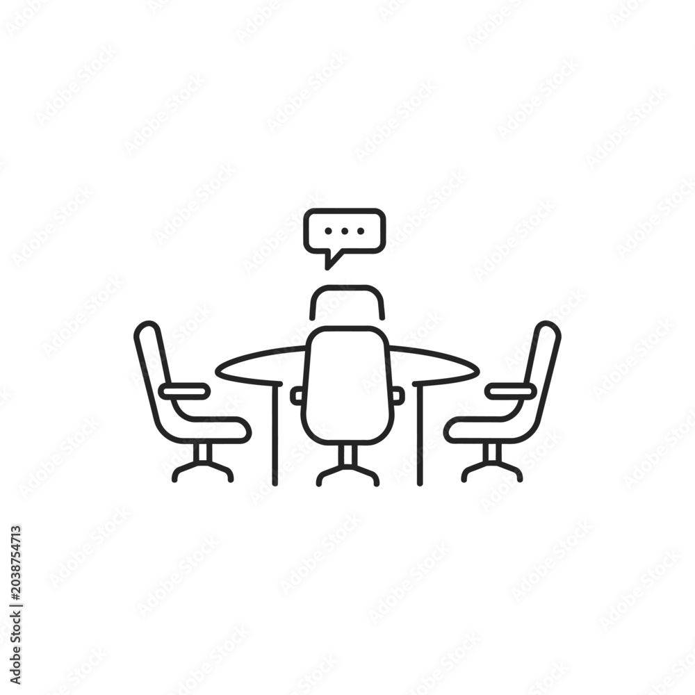 Fototapeta premium Minimalist icon of meeting table and chairs with speech bubble overhead