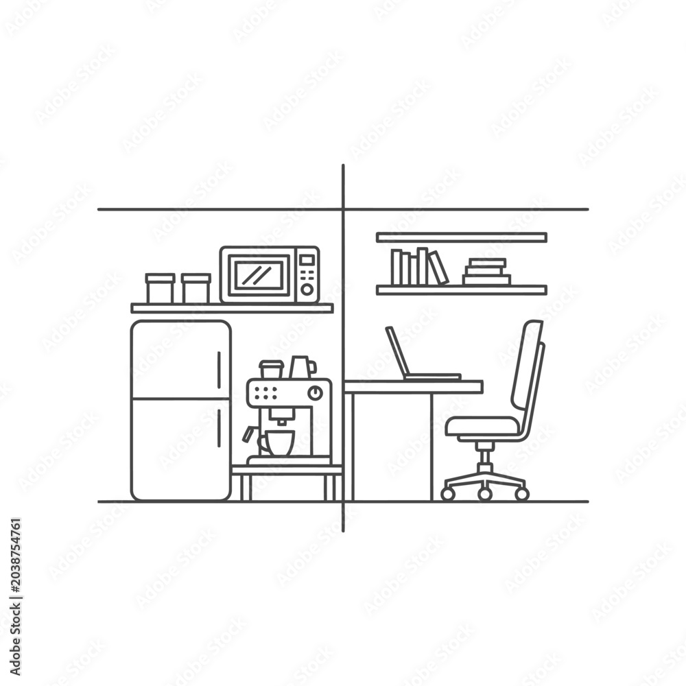 Fototapeta premium Minimalist office and kitchen illustration showing work and relaxation areas