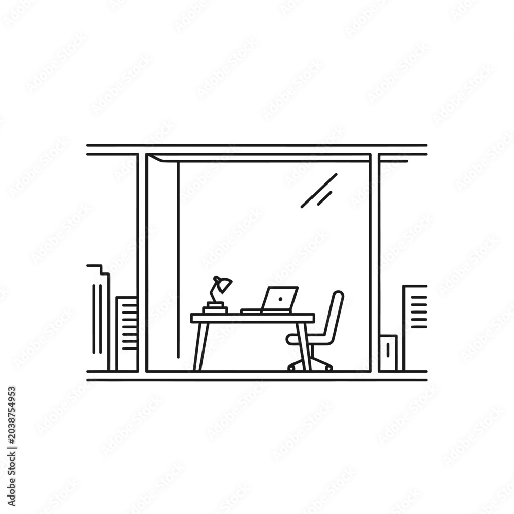 Fototapeta premium Minimalist office workspace illustration with desk chair and laptop by window