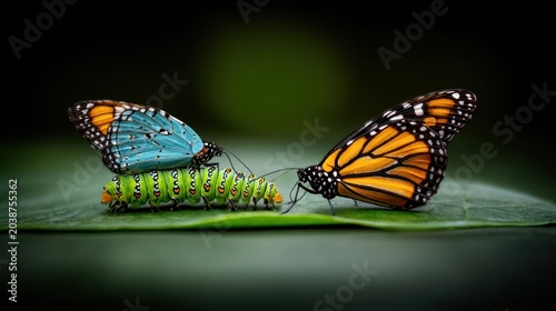 Two vibrantly colored adult insects flank a bright green larva resting on a dark leaf surface