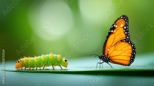 Brightly colored larval stage creature and its magnificent winged adult form face each other on a green surface