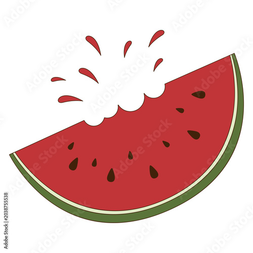 Bitten watermelon slice with juice splashes on white background