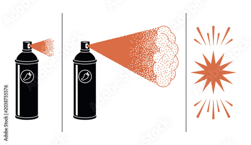 Bilde på lerret Illustration of pepper spray canister with orange chemical cloud and impact symbol for security concepts