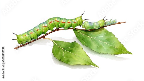 Artwork depicts several bright green larval insects crawling upon a small woody twig with foliage