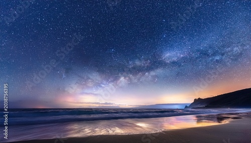 Starlit Beach At Night Under Cosmic Sky
